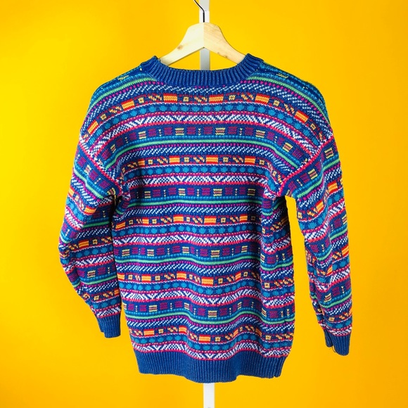 Colorful Blue Multicolor Knit Crewneck Sweater Top - Picture 5 of 5